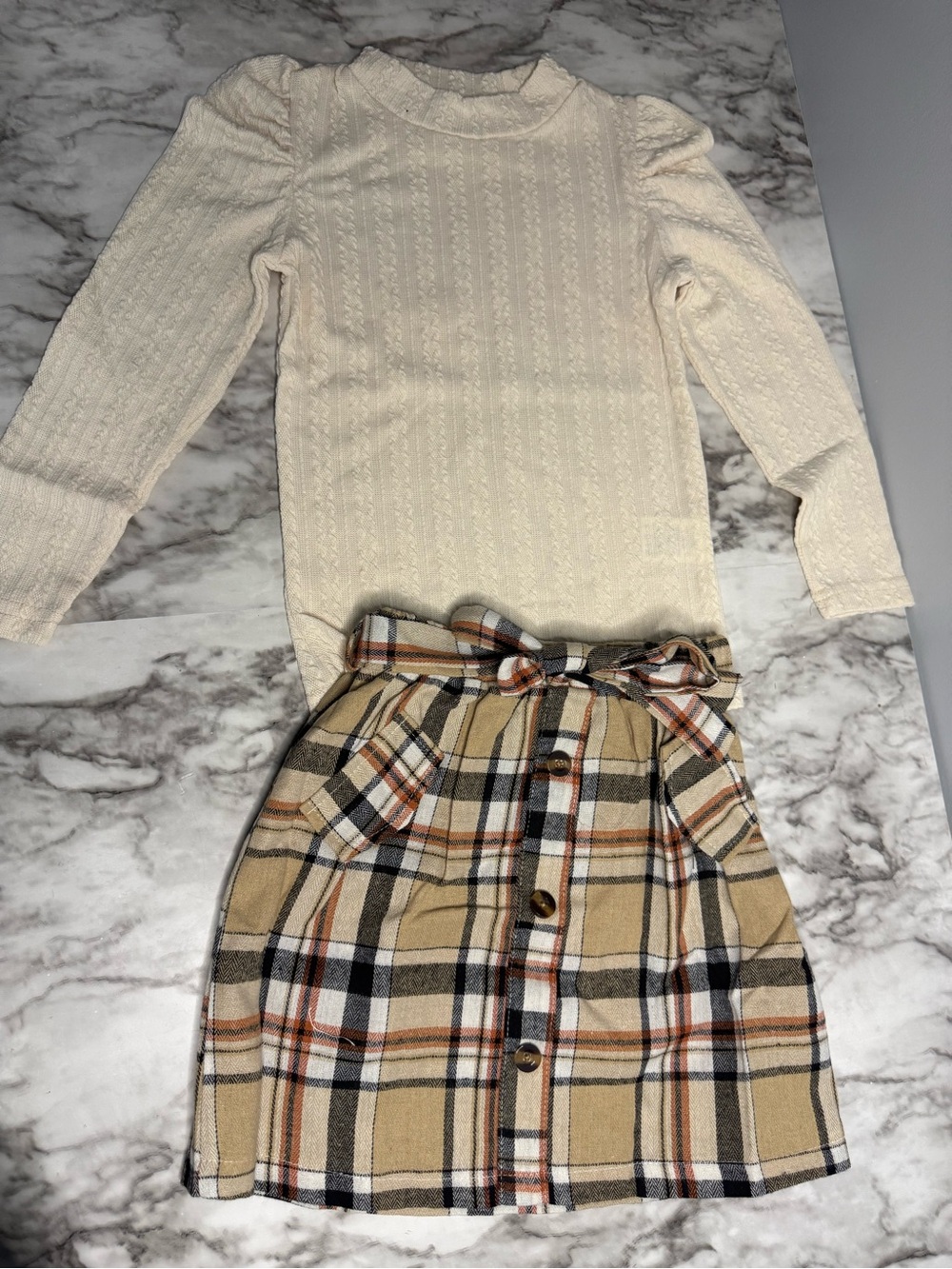 Cream Cable-Knit Top with Tan Plaid Button-Front Skirt